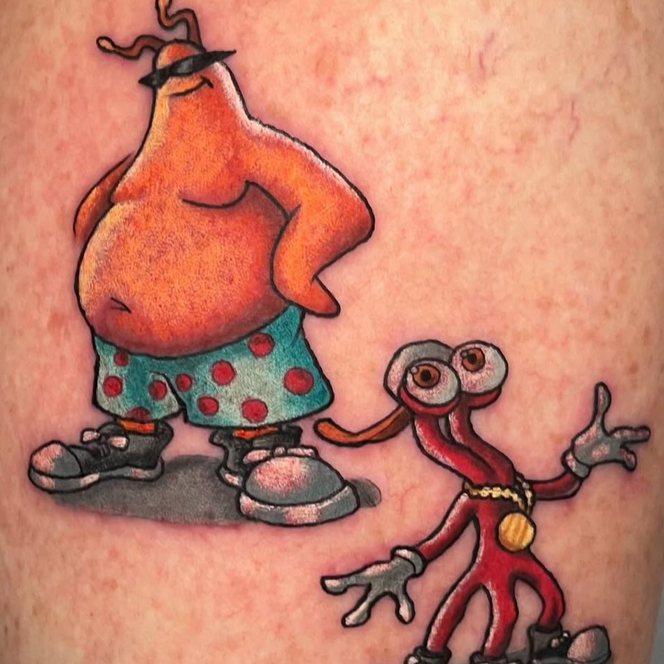 Frog and pear trash polka tattoo on the thigh by Auzzy the Ink Pirate, Mansfield, Ohio
