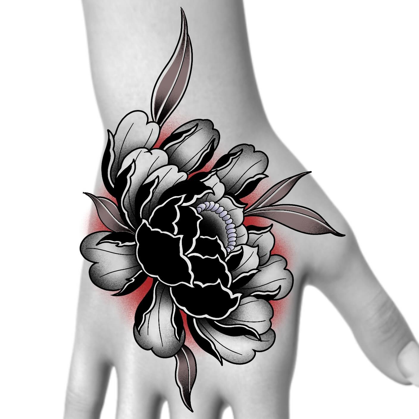 Peony American traditional tattoo on the hand by Bryan Black