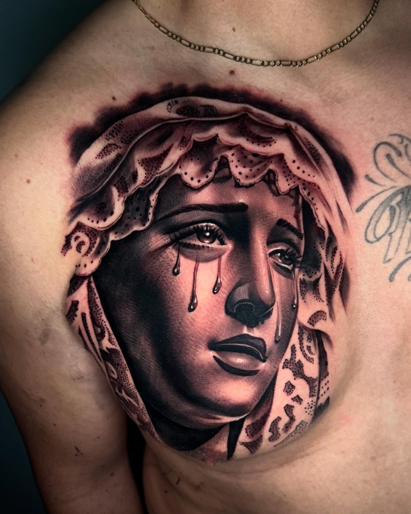 Weeping woman dotwork tattoo on the chest by eksoe_