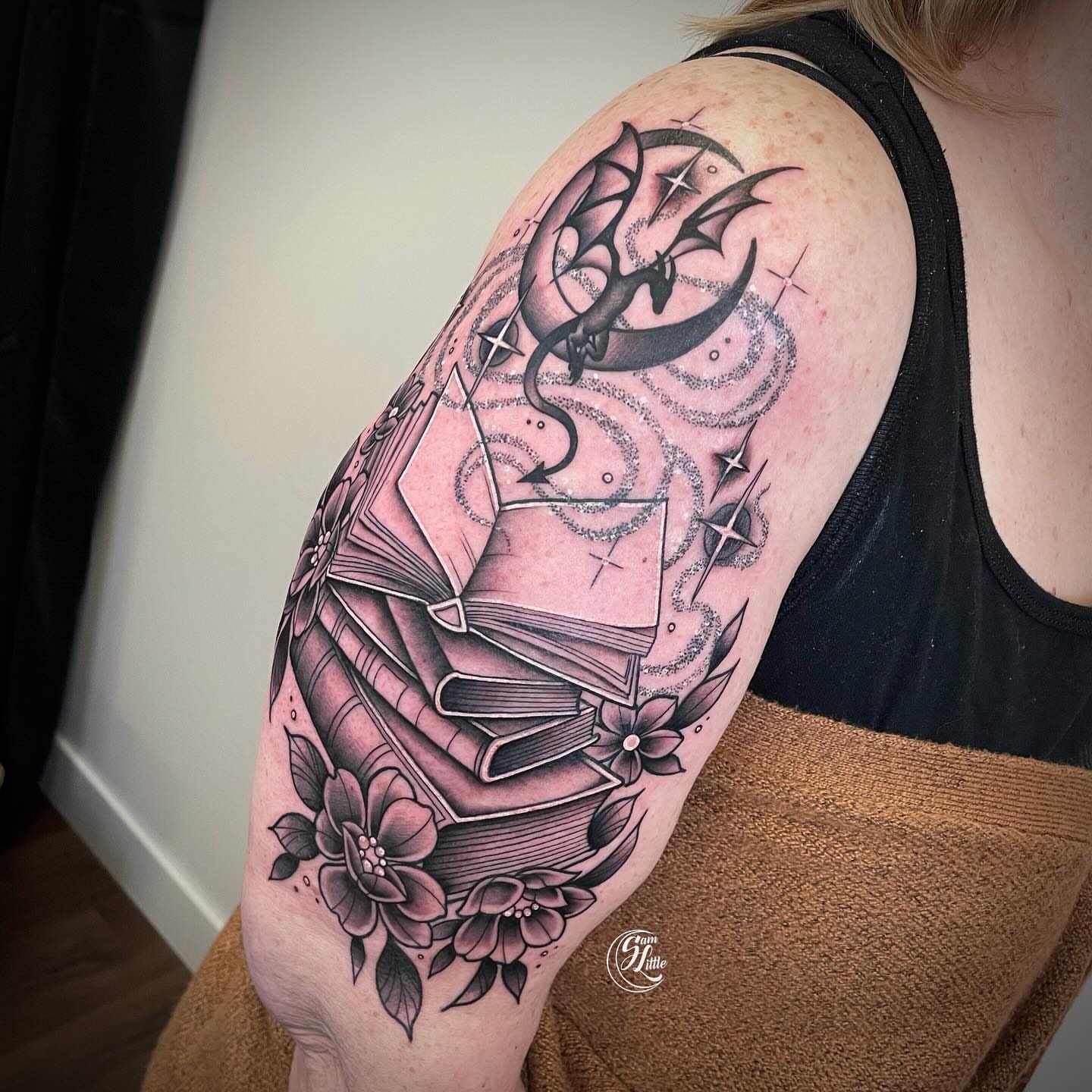 Book and bat American traditional tattoo on the shoulder by 𝓢𝓪𝓶 𝓛𝓲𝓽𝓽𝓵𝓮