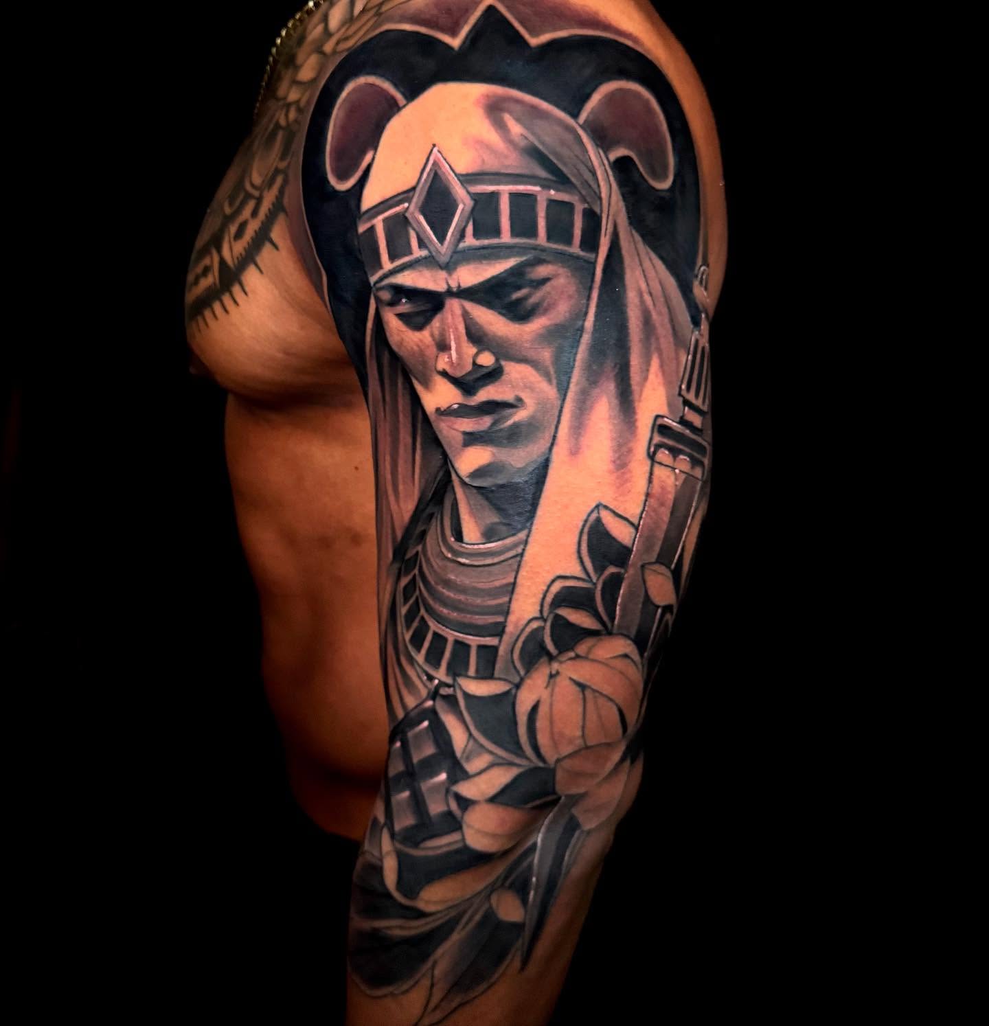 Ancient warrior realism tattoo on the forearm by Sweets, Nashville, Tennessee