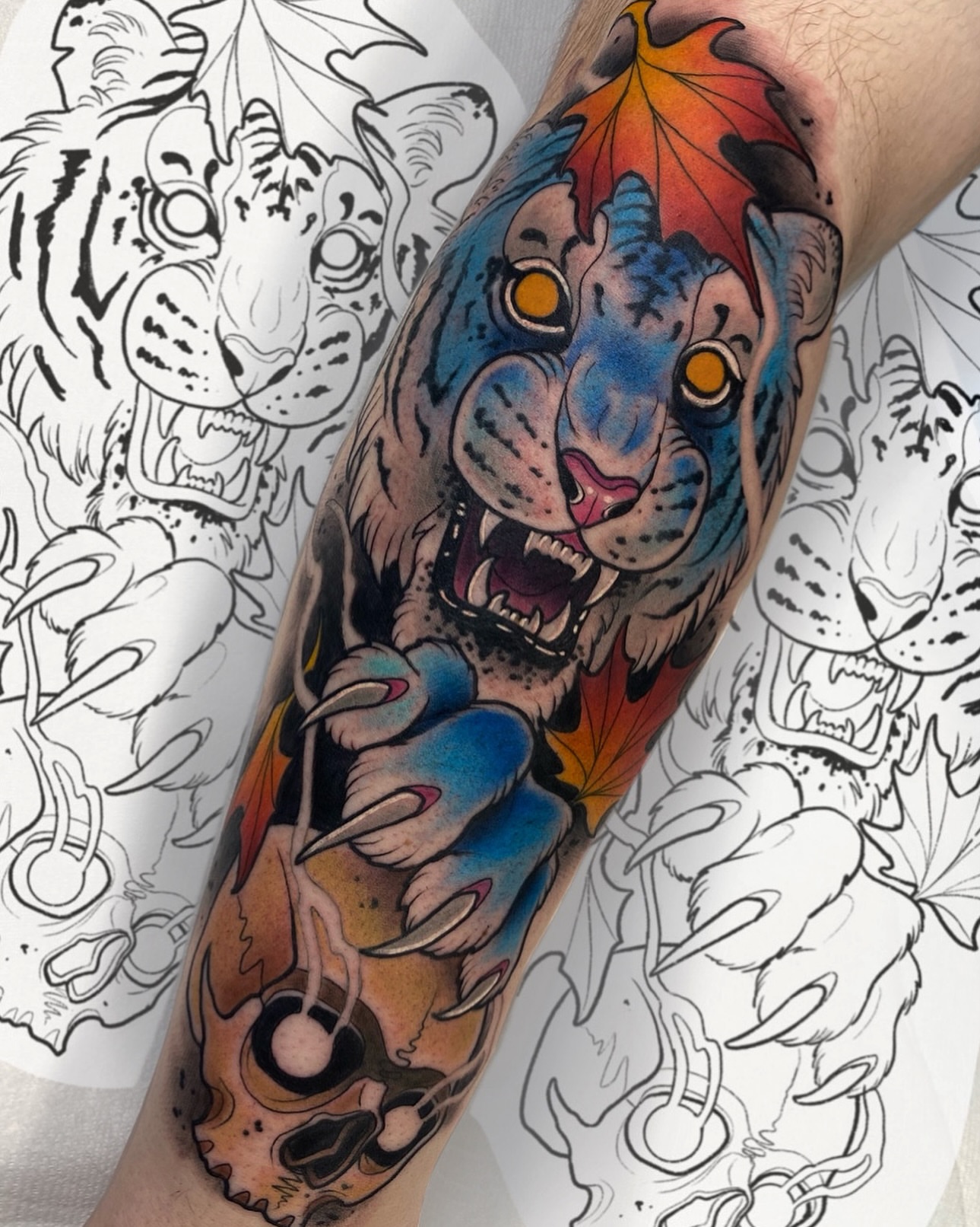 Tiger American traditional tattoo on the forearm by 🍃  𝑳𝒆𝒆 𝑴𝒖𝒍𝒍𝒆𝒏  🍂, Seattle, Washington