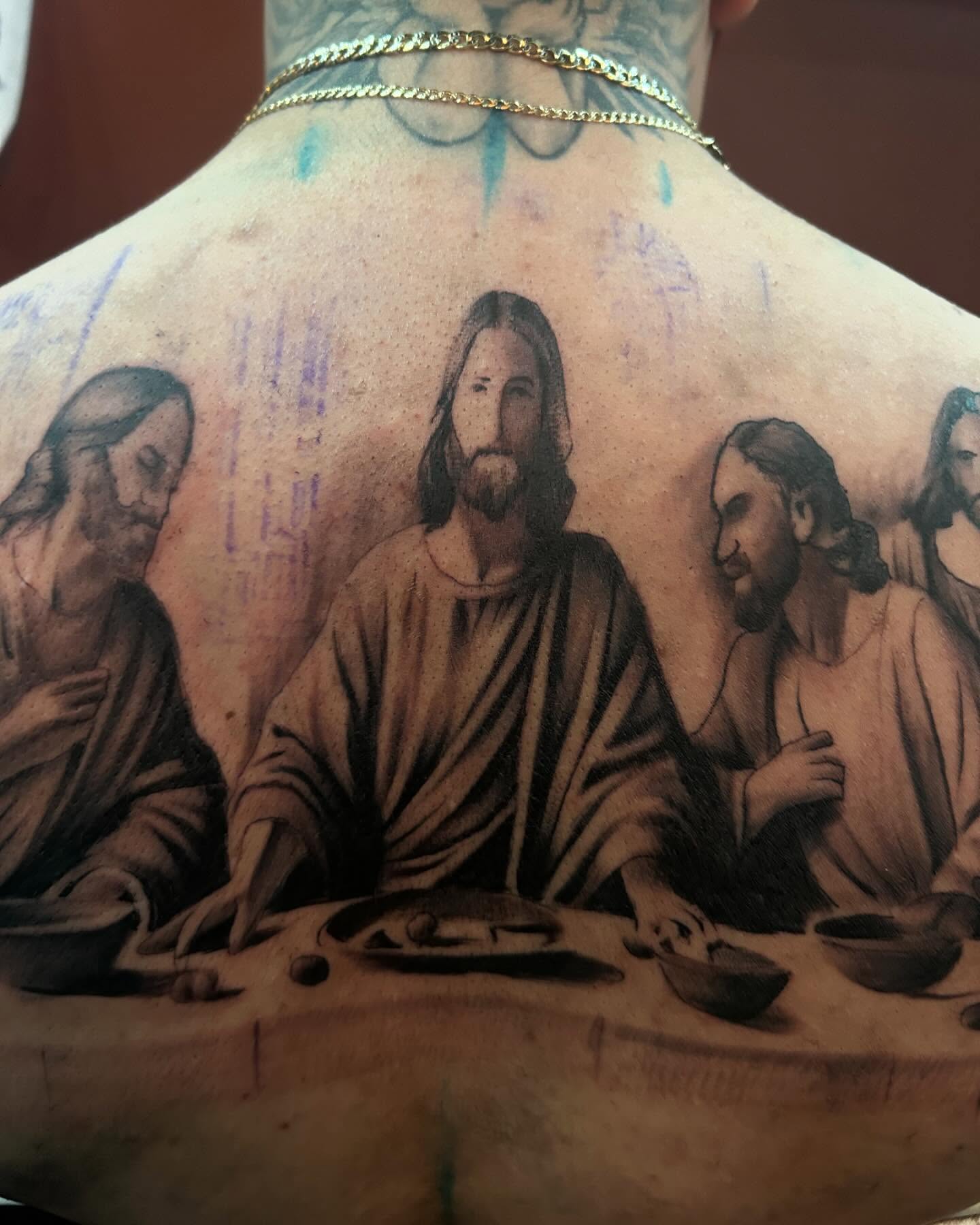 Last supper realism tattoo on the back by Carlos