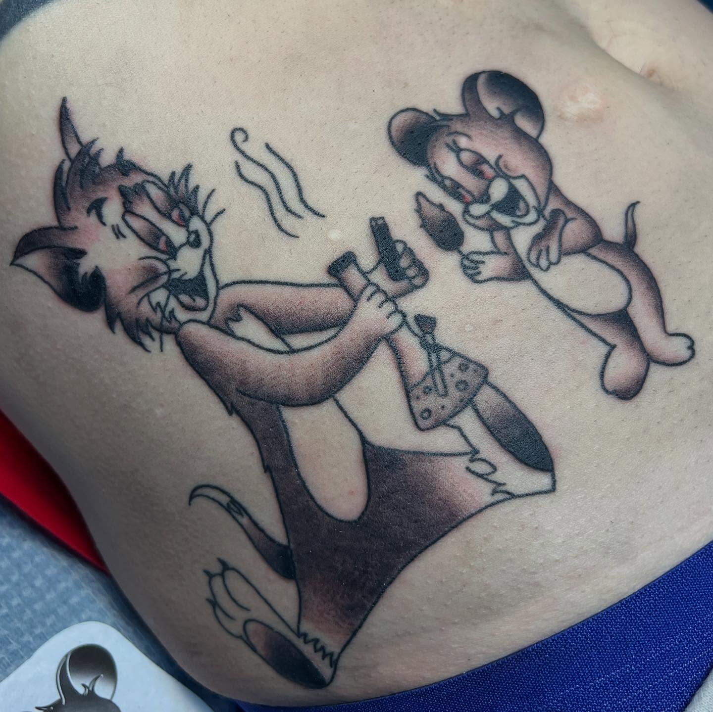 Tom and jerry black and grey tattoo on the thigh by ✮KAT✮
