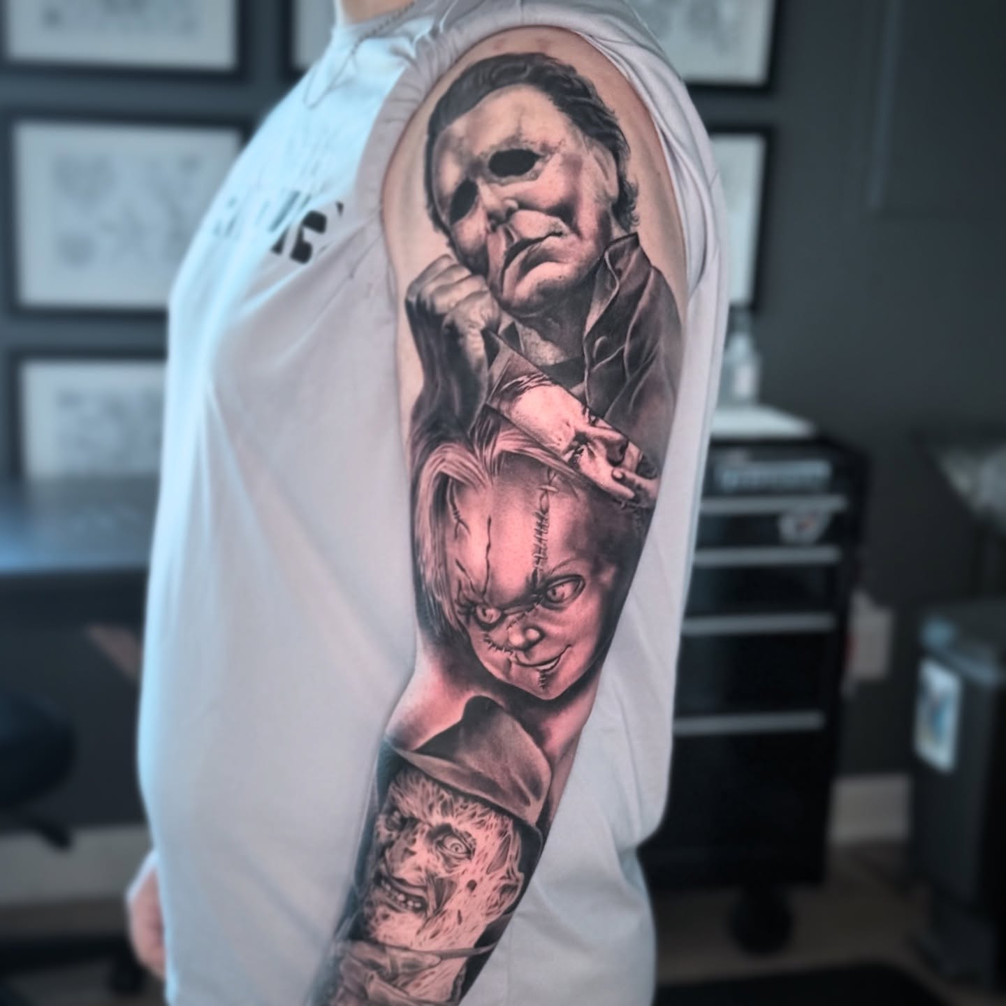 Horror movie characters realism tattoo on the forearm by Matti Hixson