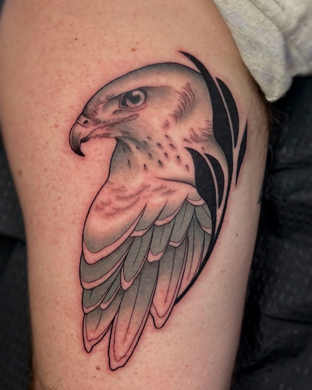 Hawk realism tattoo on the thigh by Alicia