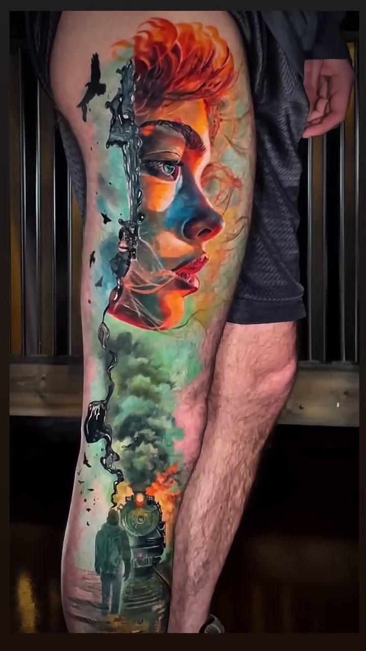 Woman's face and figures trash polka tattoo by Brian Ulibarri