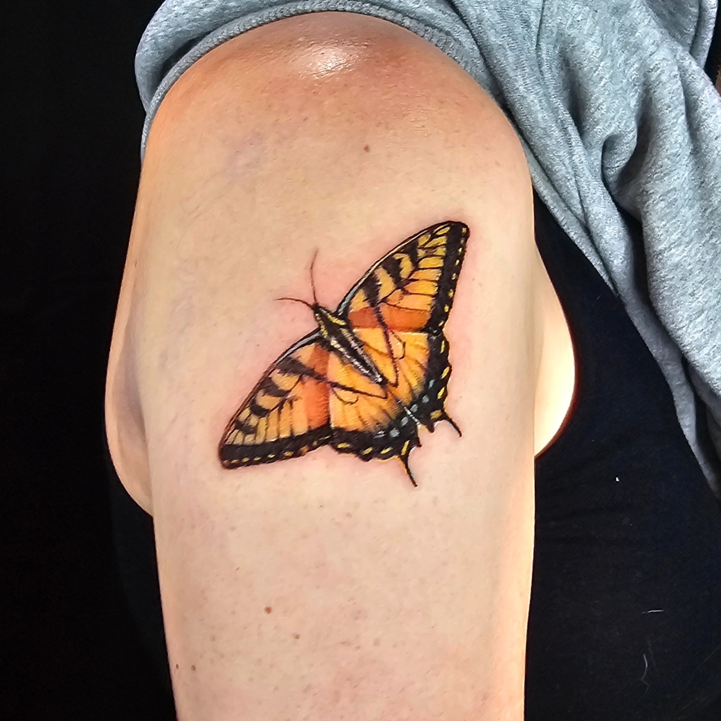 Butterfly realism tattoo on the thigh by Madelynne