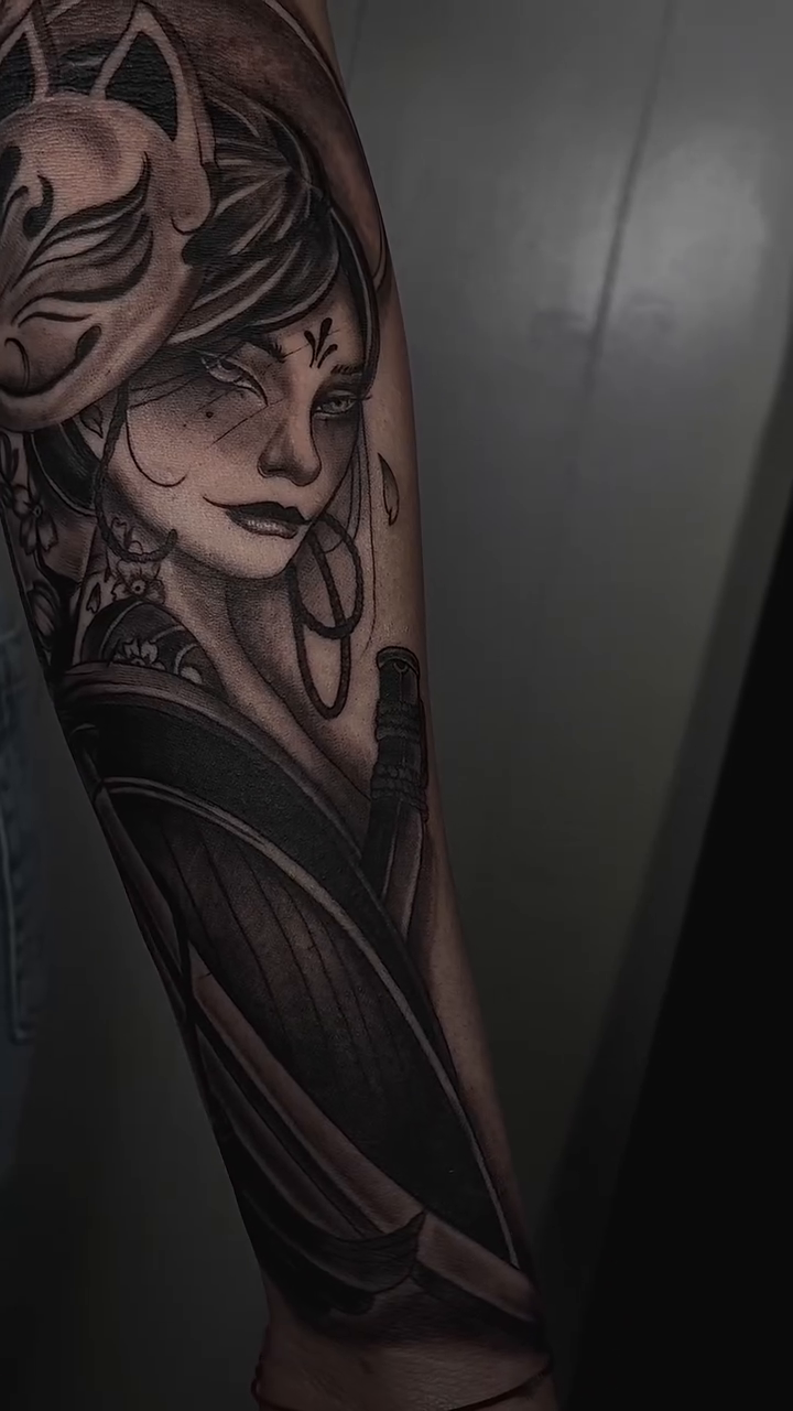 Geisha with Kitsune mask and katana japanese irezumi tattoo by Nj Tattoo Artist Inkdyou, Bloomfield, New Jersey