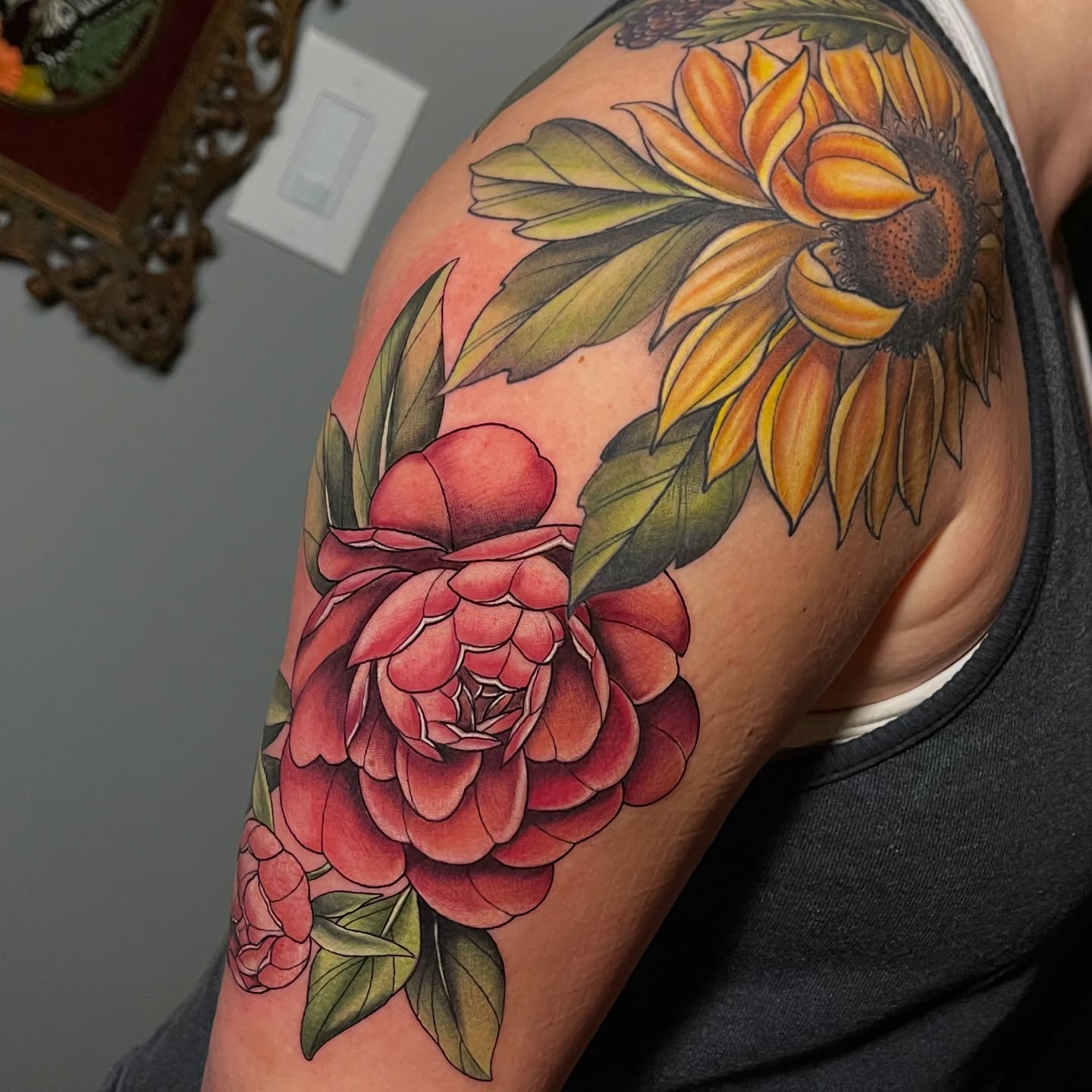 Sunflower and peony realism tattoo on the shoulder by Brittany Welsh, Marlton, New Jersey