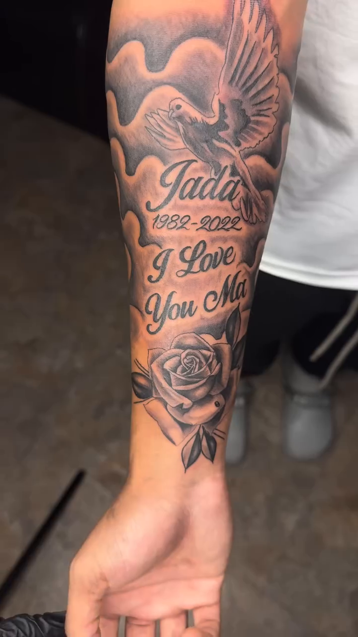 Dove with memorial text and rose lettering script tattoo by Left My Mark