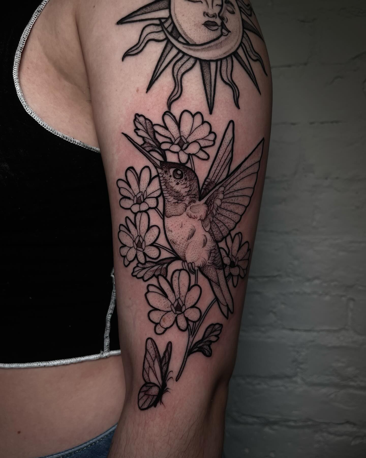 Hummingbird and flowers dotwork tattoo on the forearm by H A N N A H, Colorado Springs, Colorado