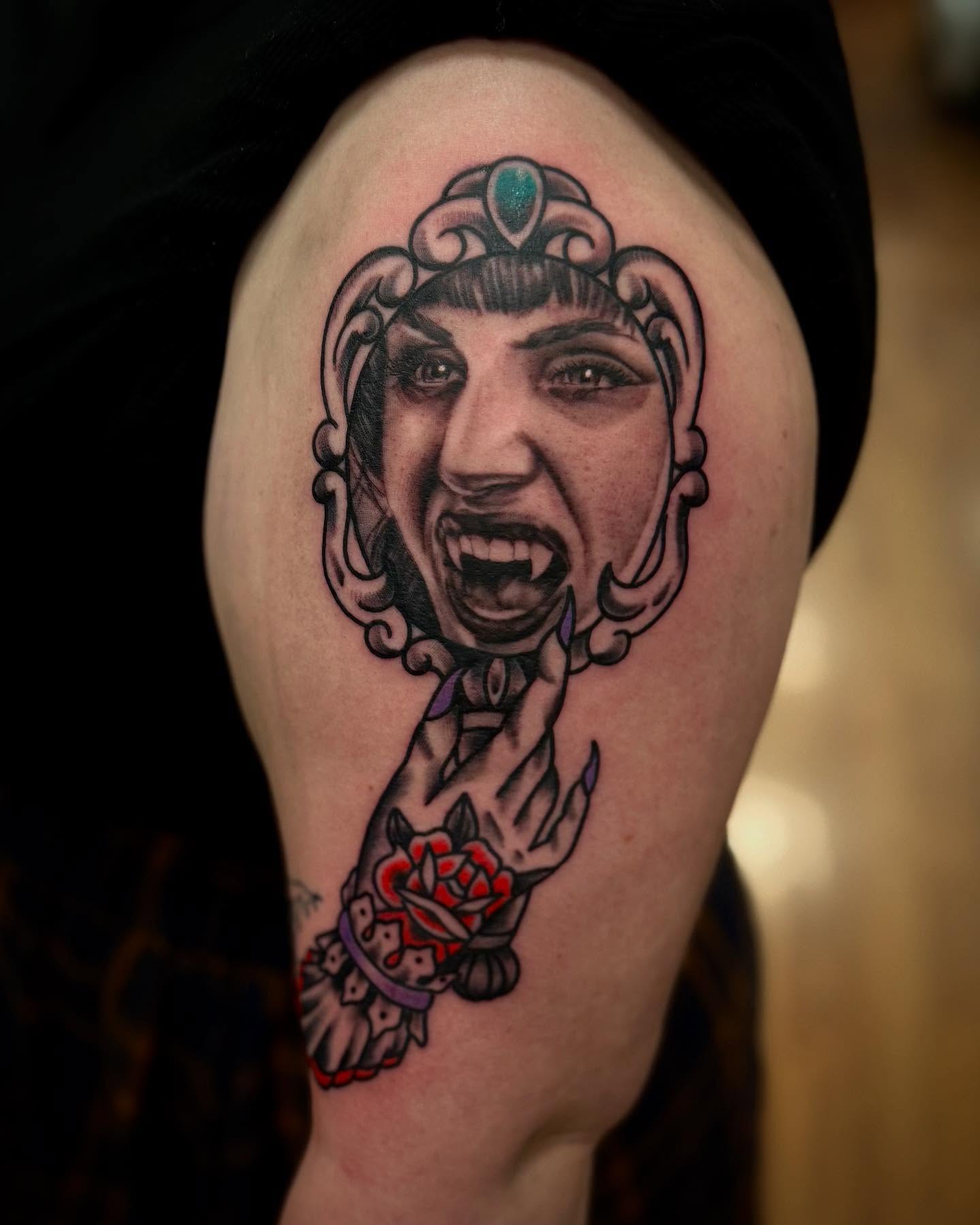 Woman's face American traditional tattoo on the thigh by Sam Babcock