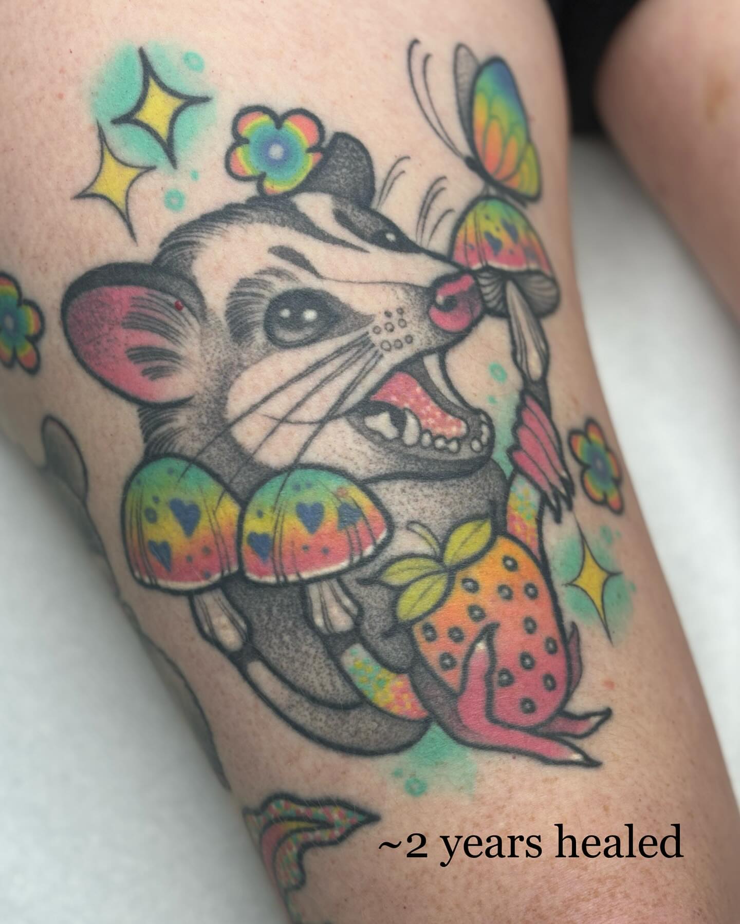 Possum with mushrooms and strawberry American traditional tattoo on the forearm by Carly Zehring