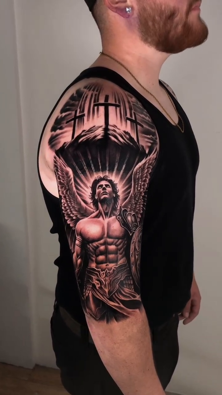 Angel with crosses realism tattoo by David "Mager" Torres