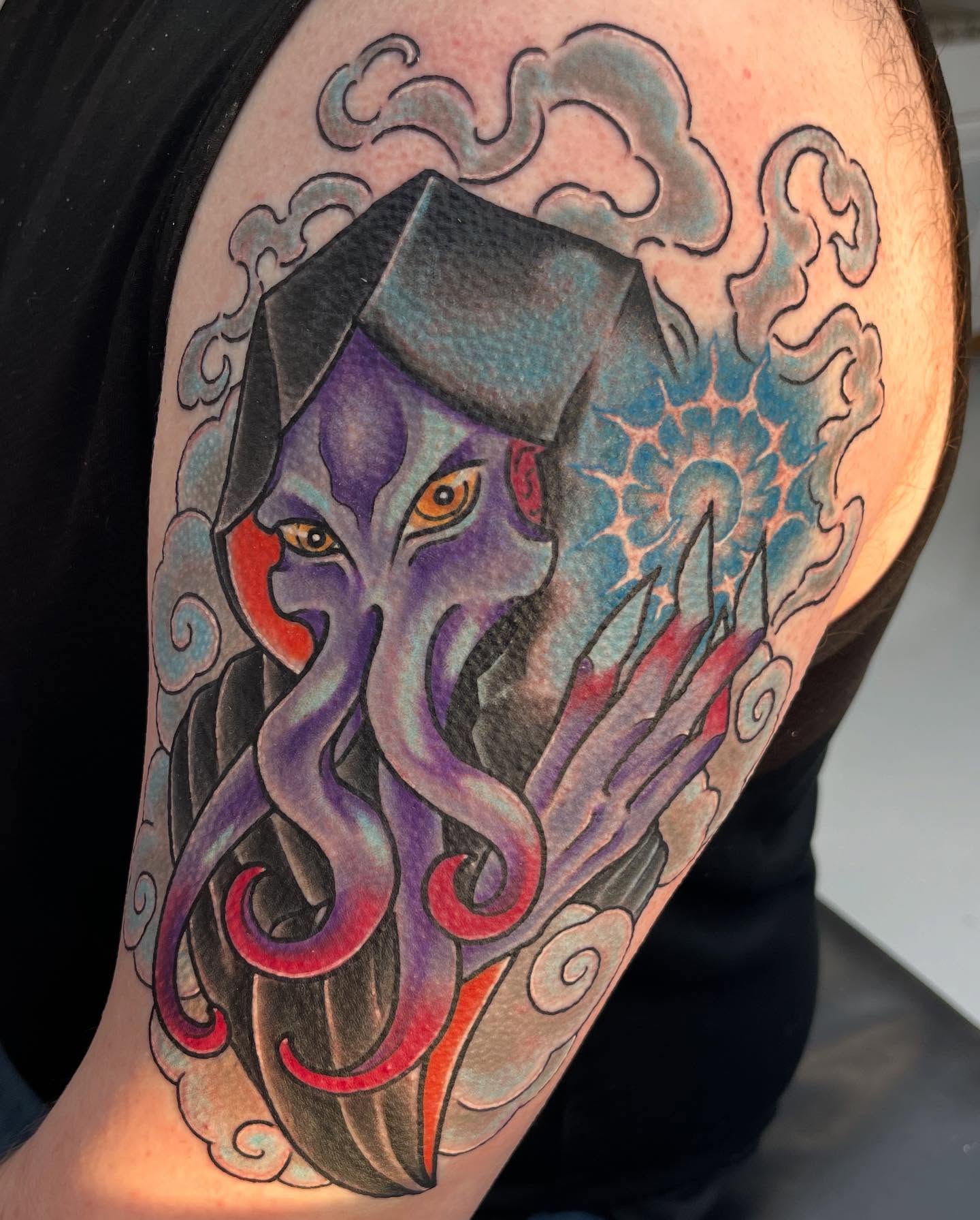 Octopus dotwork tattoo on the shoulder by Autumn Fulford