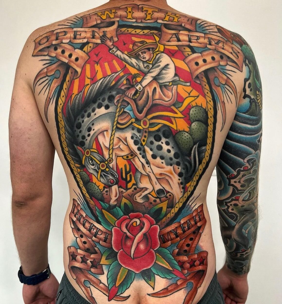 Cowboy riding horse American traditional tattoo on the back by Cody Collins