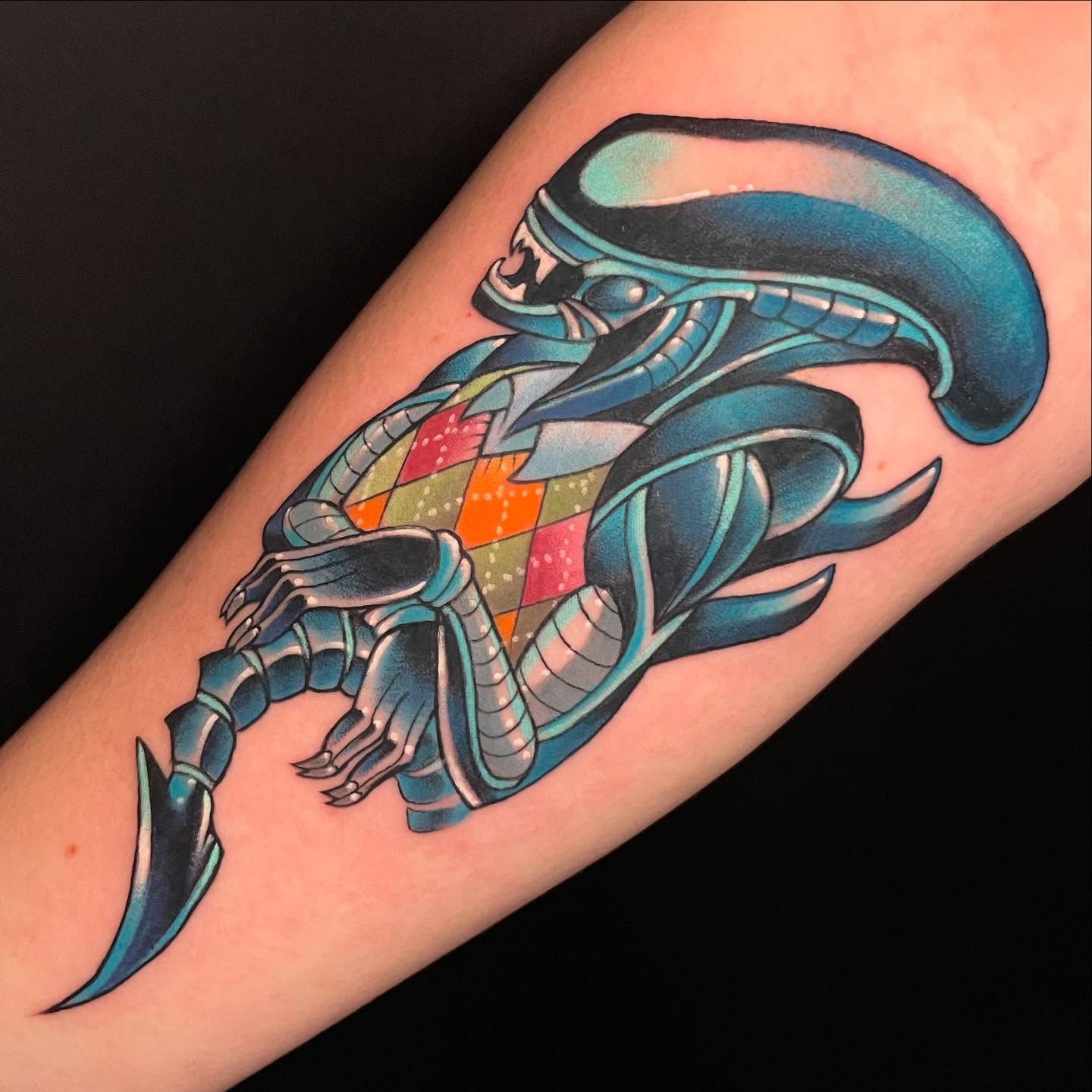 Alien xenomorph geometric tattoo on the forearm by ππΈππππ π΅ππππππ