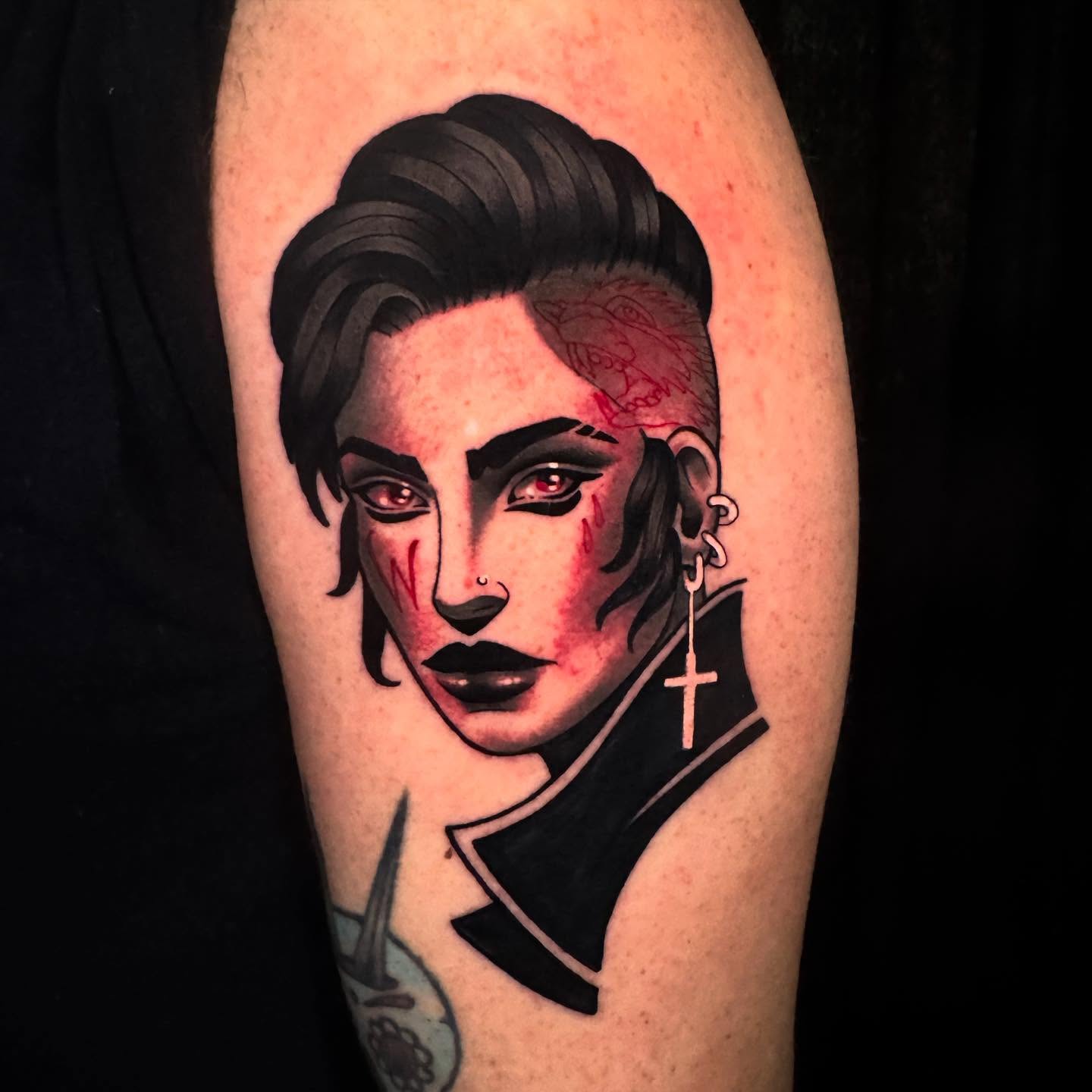 Woman with blood dark realism tattoo on the forearm by Sweets, Nashville, Tennessee
