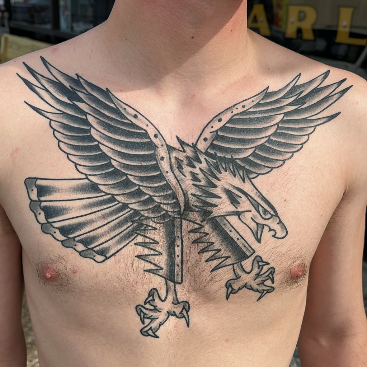 Eagle American traditional tattoo on the chest by Kyle O’Hara ॐ, Nashville, Tennessee