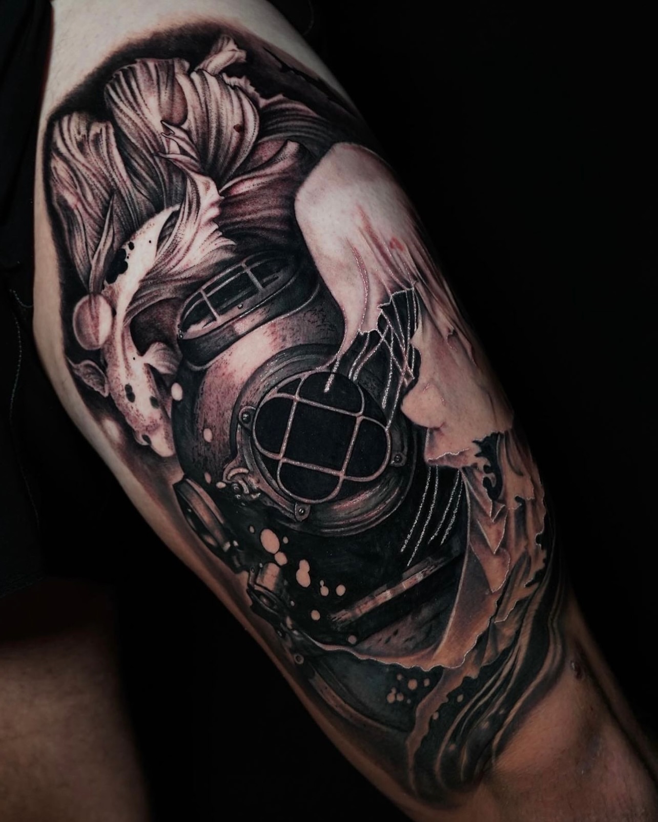 Diver helmet realism tattoo on the forearm by JoannaTattoos