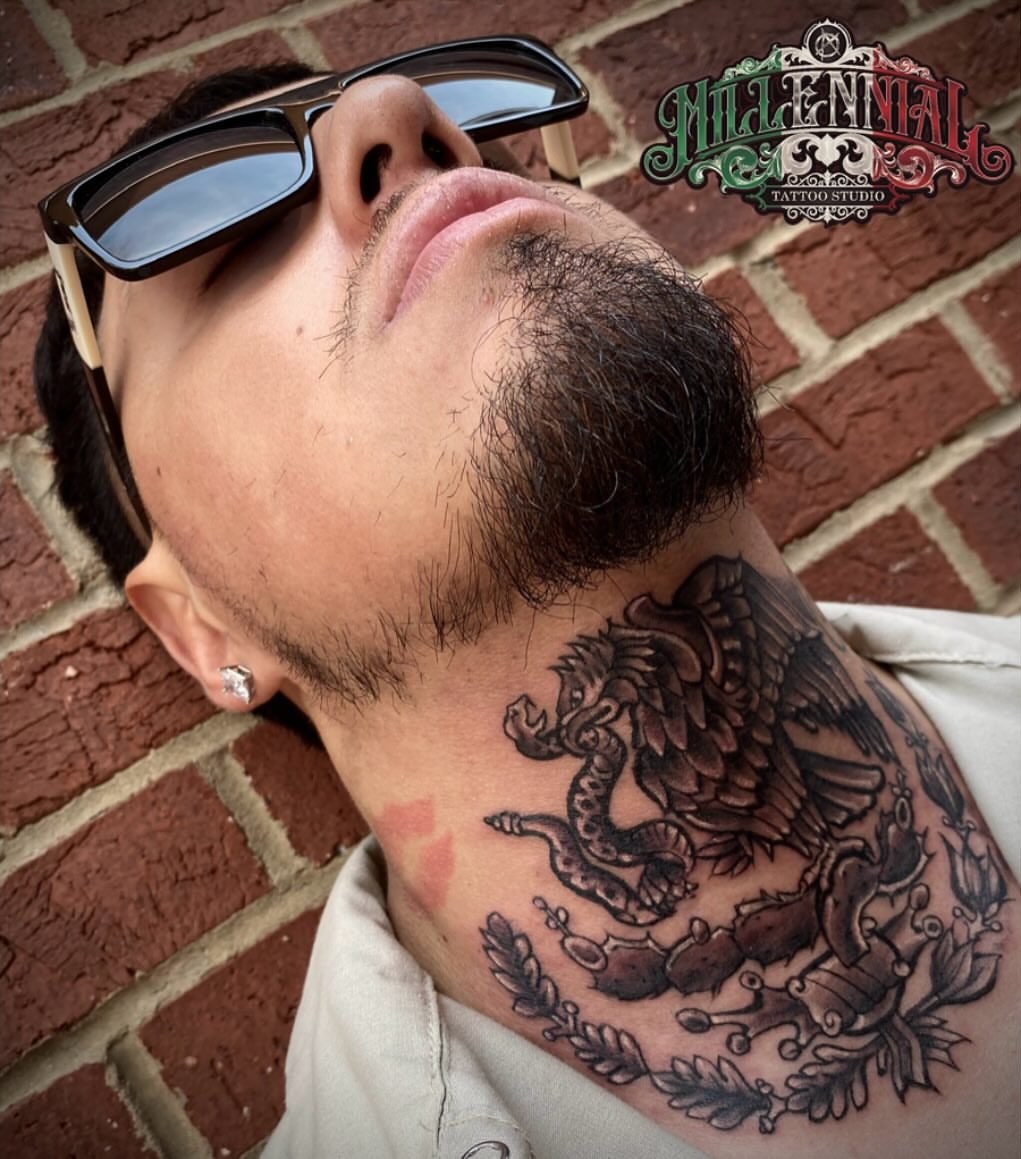 Eagle and snake black and grey tattoo on the neck by 🇲🇽Angelique Ortiz🇺🇲, Sugar Hill, Georgia