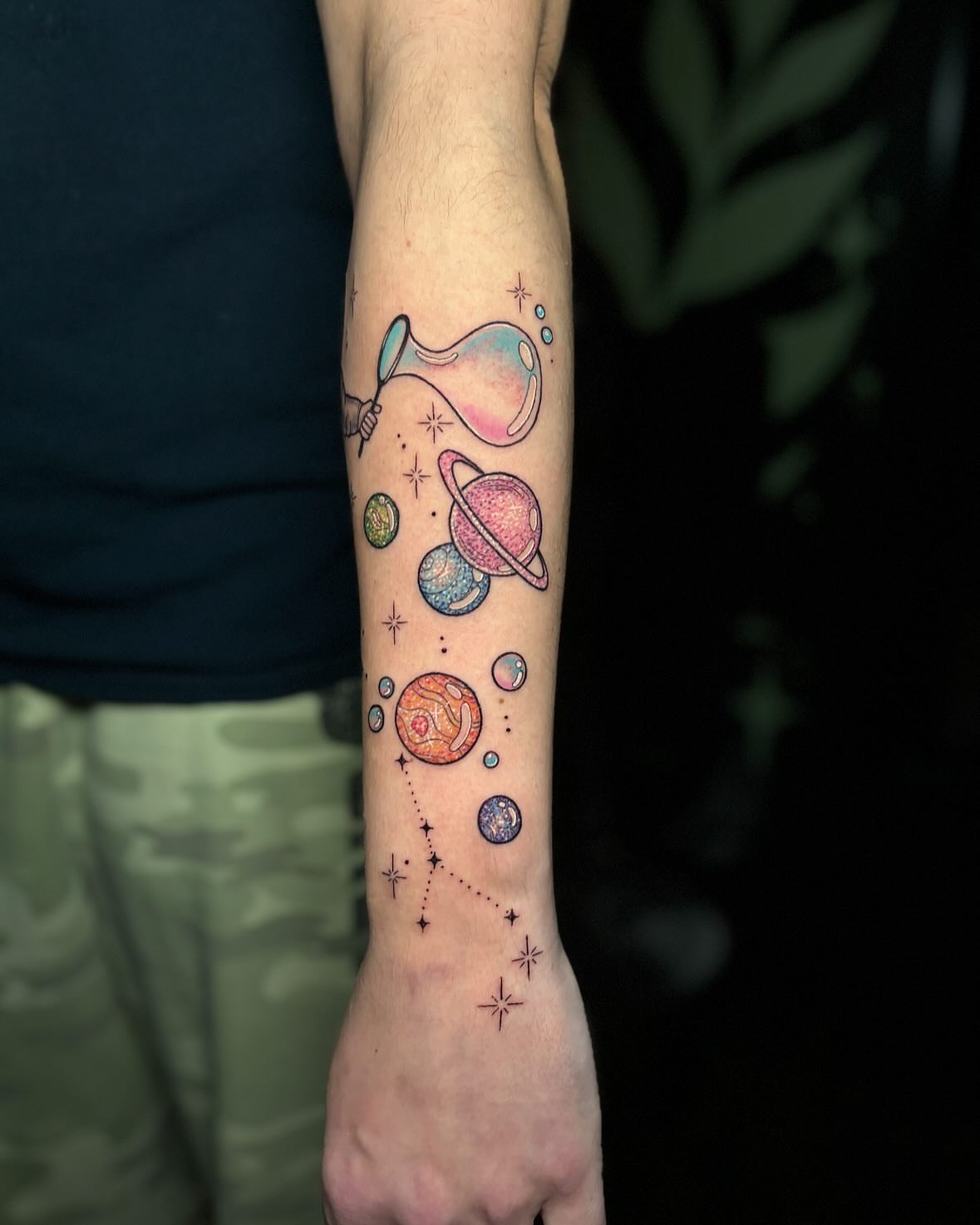 Space-themed planets dotwork tattoo on the forearm by 🖤Sabrina Ryan🖤