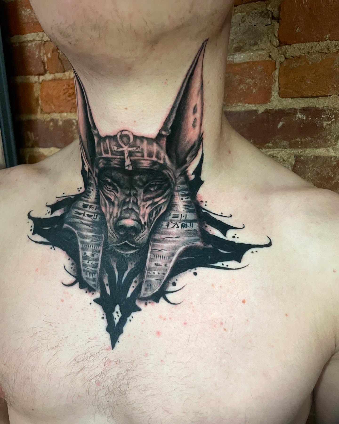 Ancient egyptian god realism tattoo on the chest by Auzzy the Ink Pirate, Mansfield, Ohio