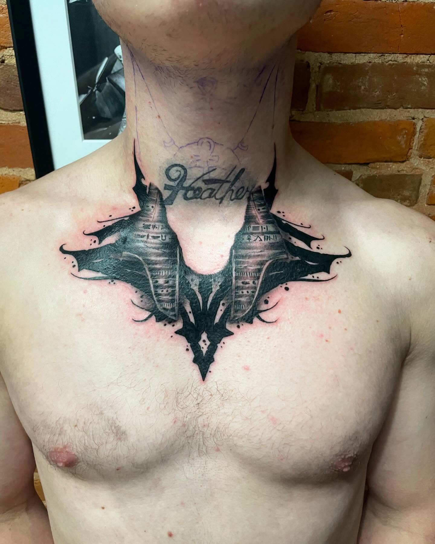 Bat black and grey tattoo on the chest by Auzzy the Ink Pirate, Mansfield, Ohio
