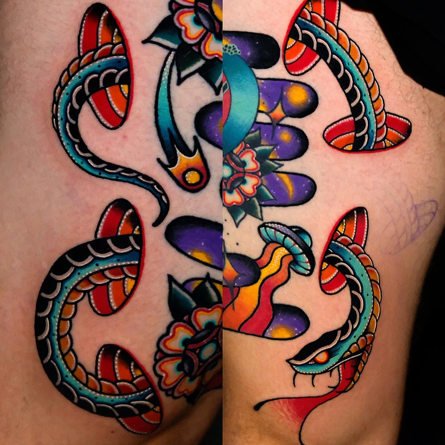 Snake and floral American traditional tattoo on the thigh by Don Boos Tattoos