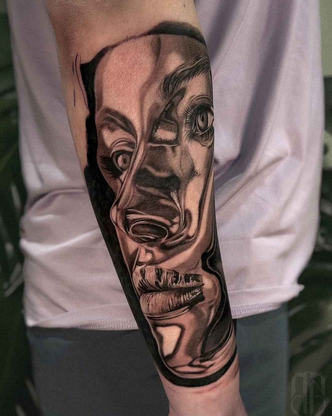 Distorted face portrait surrealism tattoo on the forearm by โ๏ธ Dima Sova โ๏ธ Tattoo ๐บ๐ธ Arlington VA