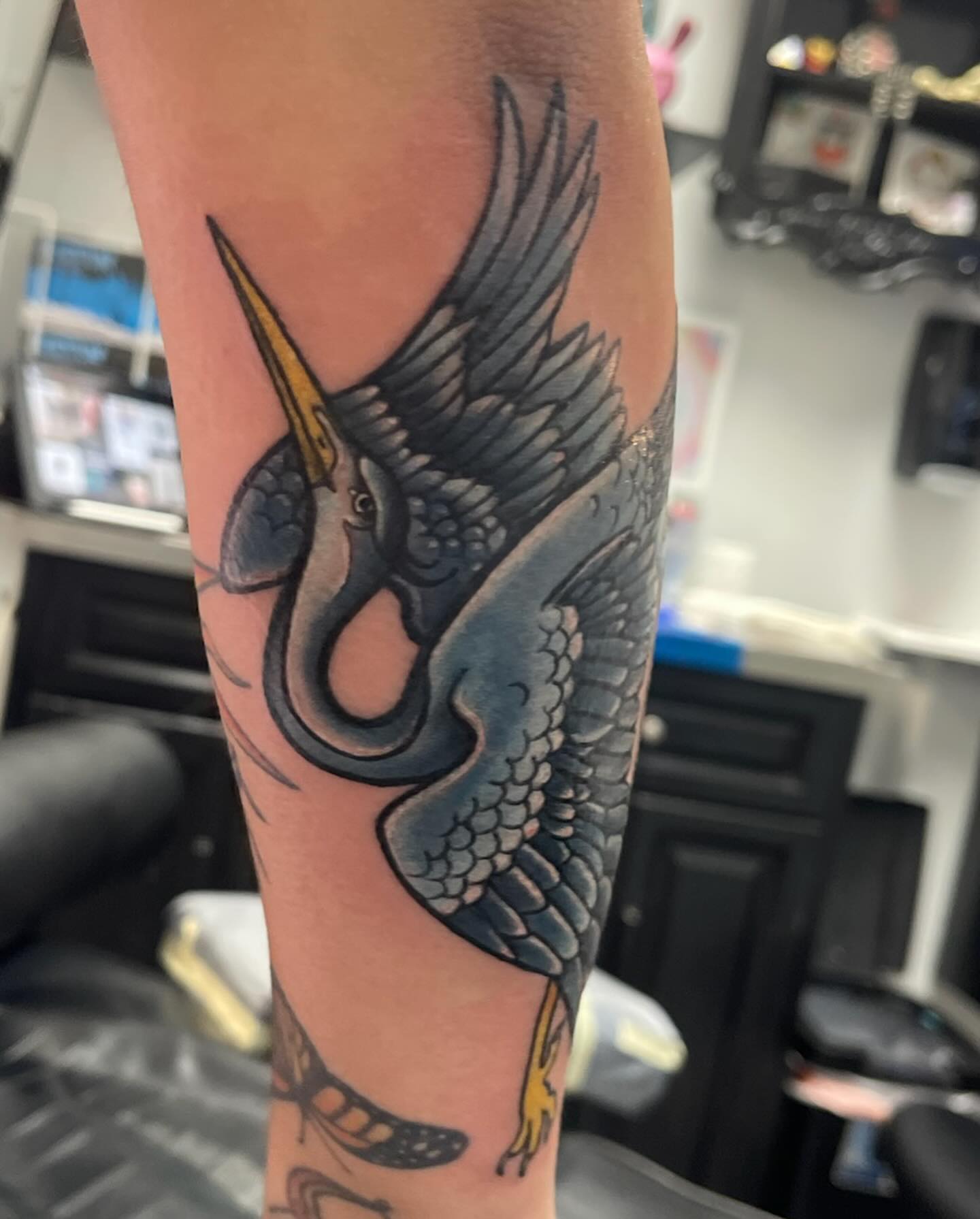 Heron American traditional tattoo on the forearm by Missy (Miz)