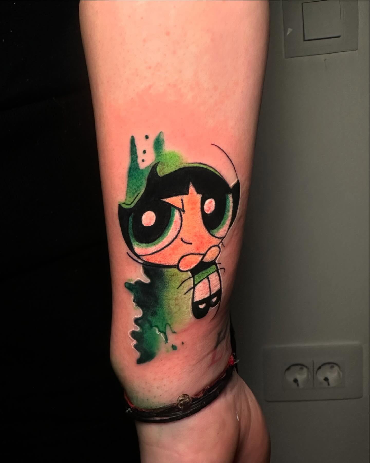 Powerpuff girl watercolor tattoo on the forearm by Anghel Patricia