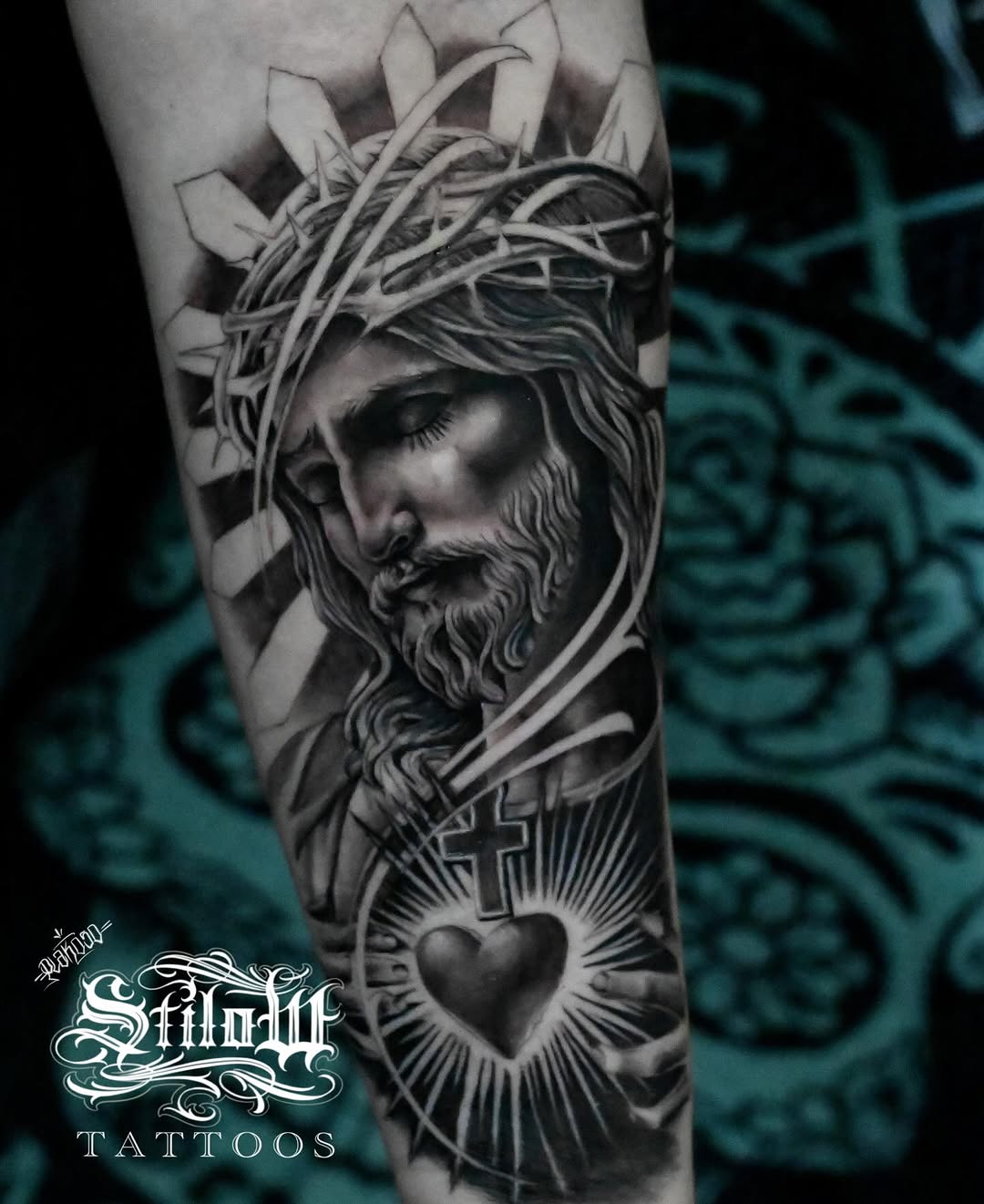 Jesus Christ with Sacred Heart Chicano tattoo on the forearm by Stilow Memphis Tattoo Artist, Memphis, Tennessee