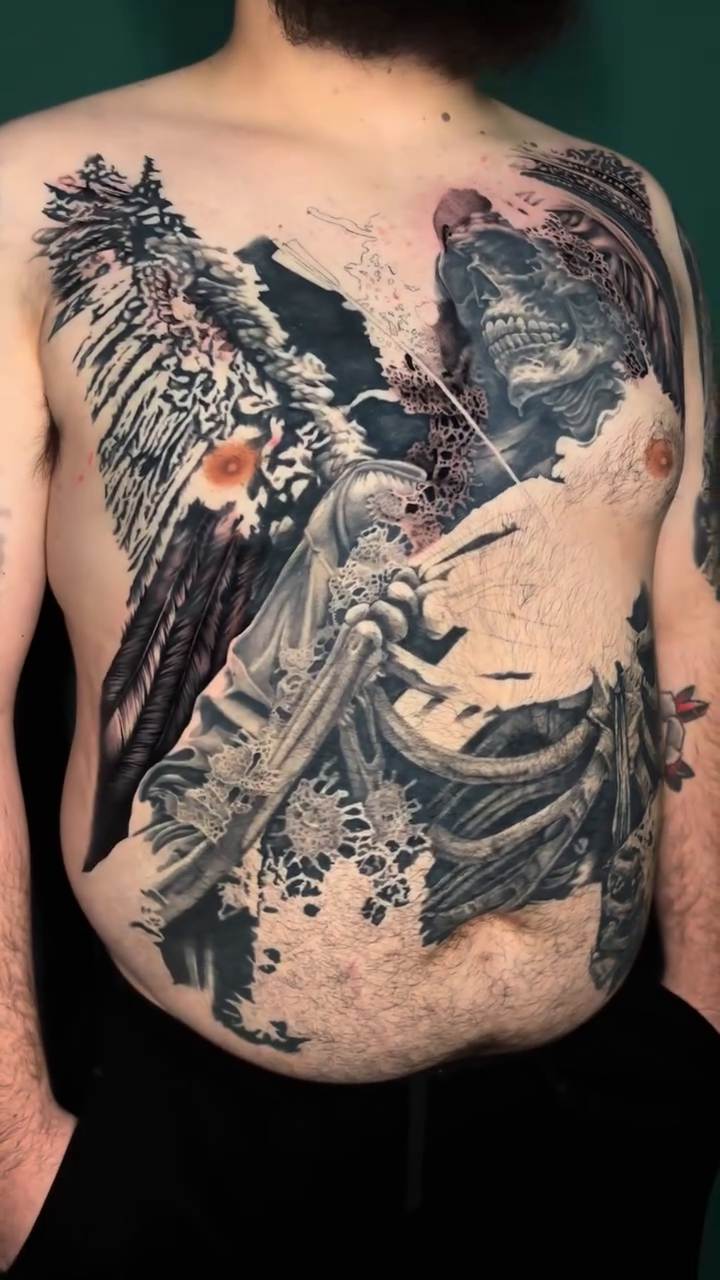 Grim reaper with skeleton and wings dark realism tattoo by Jon Ronzka