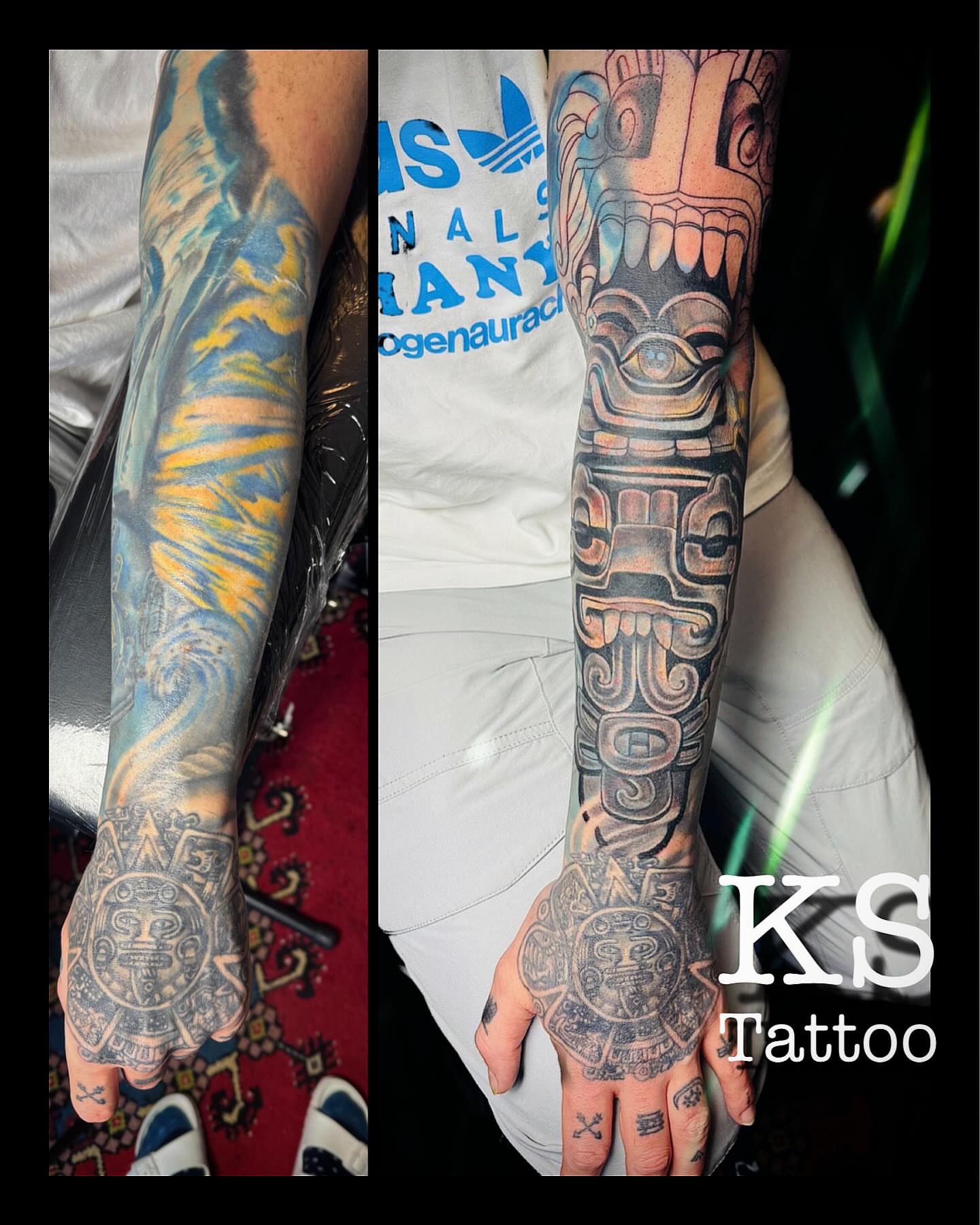 Ancient mask tribal tattoo on the forearm by Karen Smith