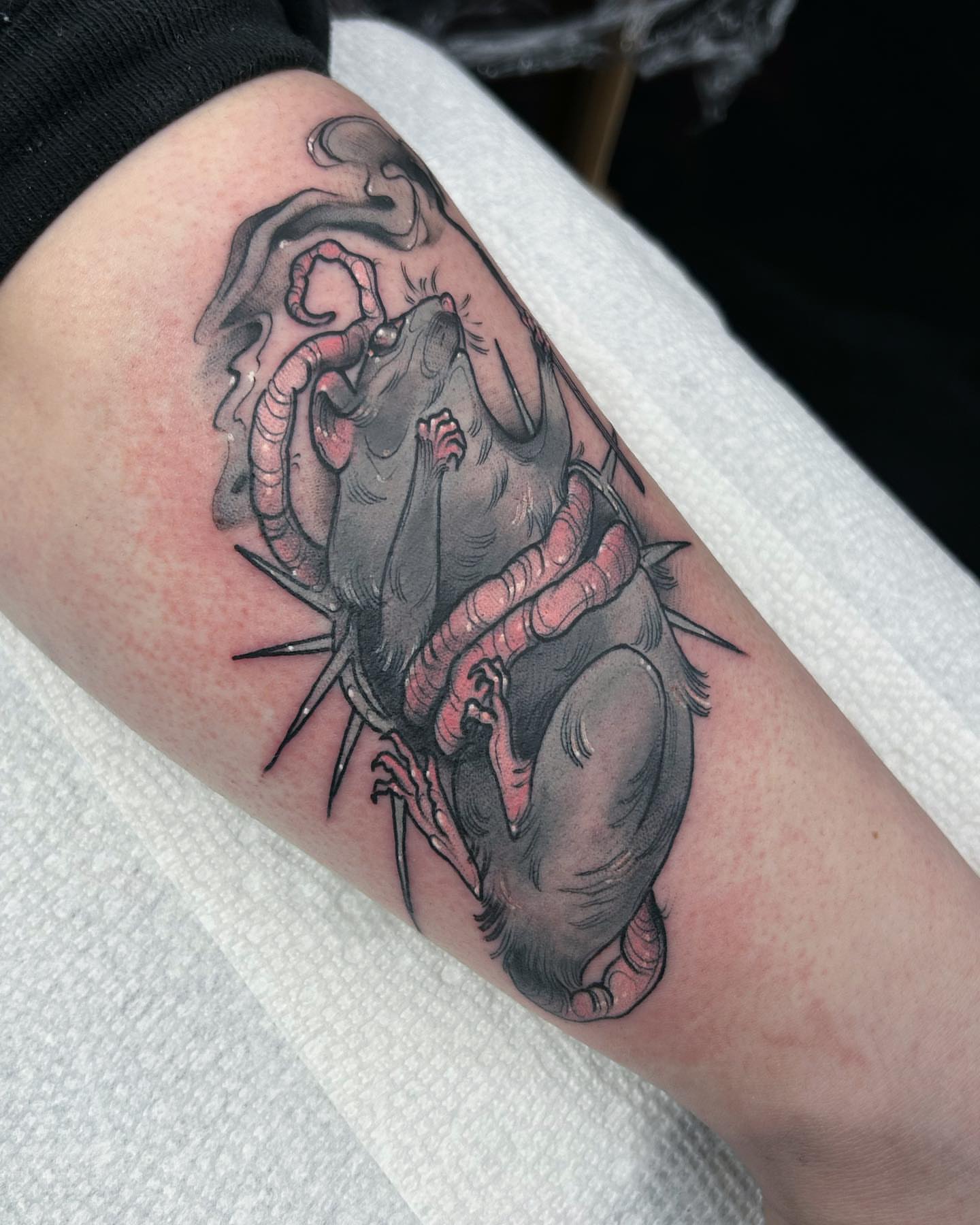 Rat with worms realism tattoo on the forearm by Tatijana., Kettering, Ohio