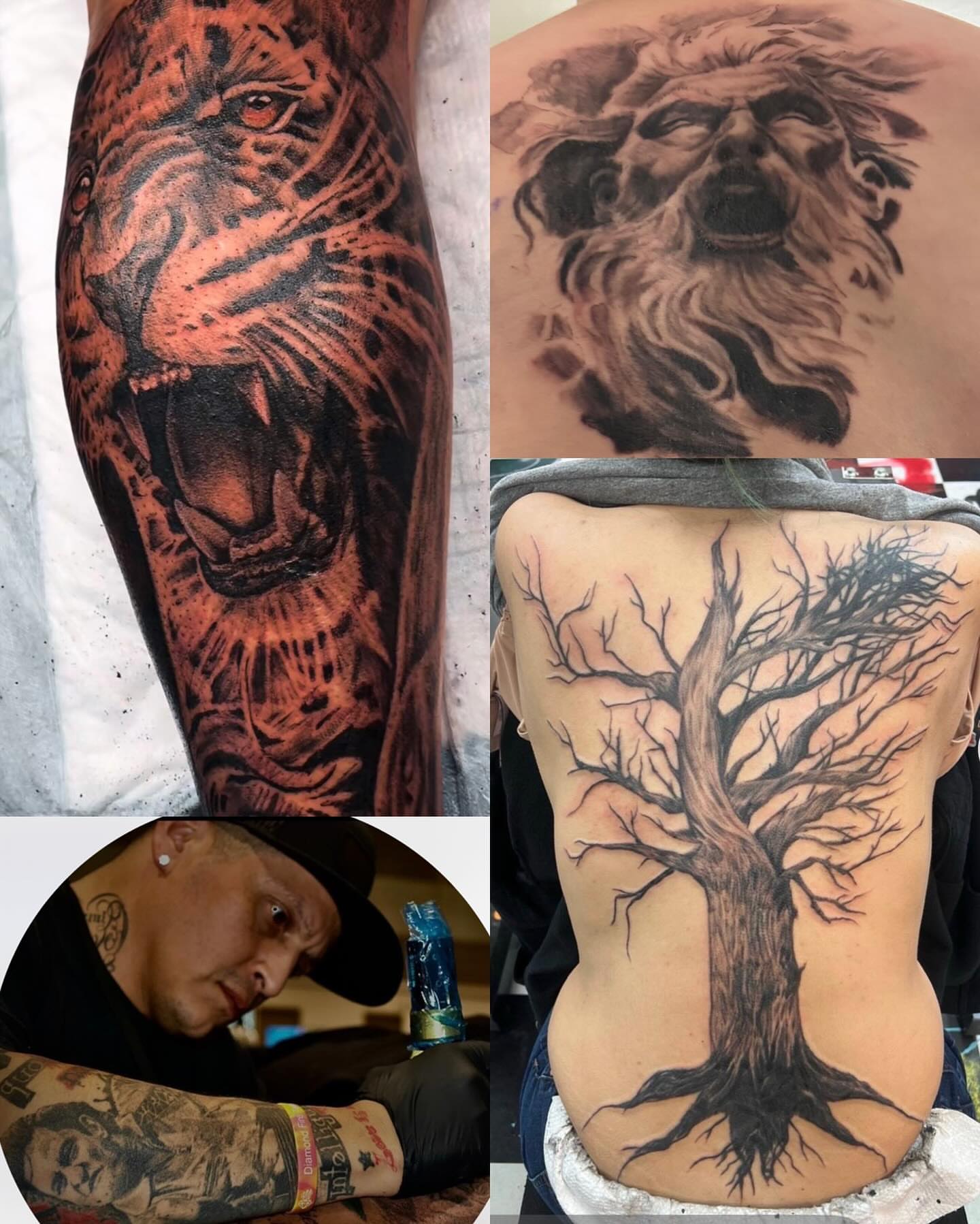 Lion realism tattoo on the upper arm by Dre Ortiz