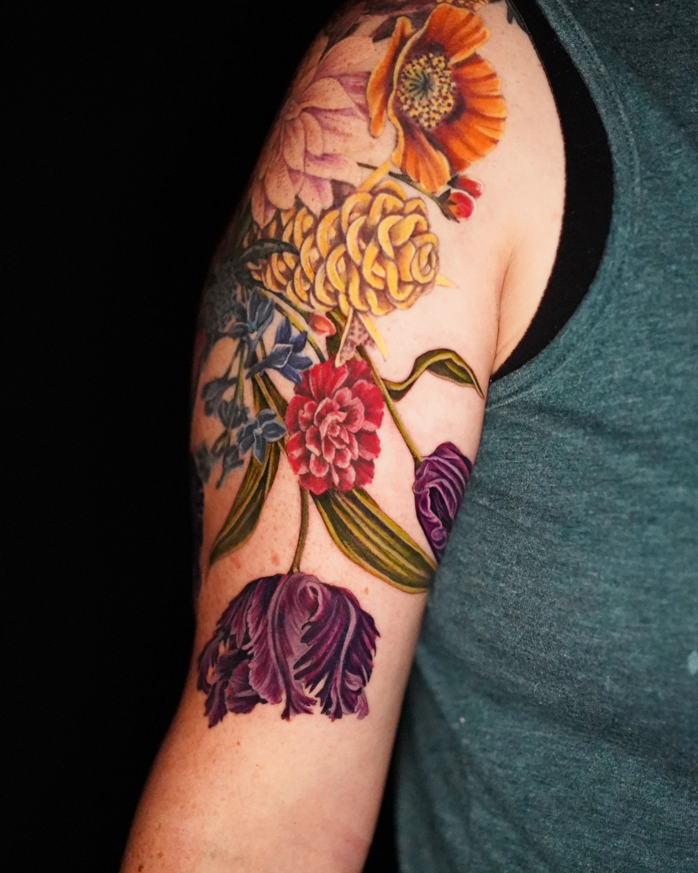 Floral bouquet realism tattoo on the forearm by Shar - Utah Tattoo Artist