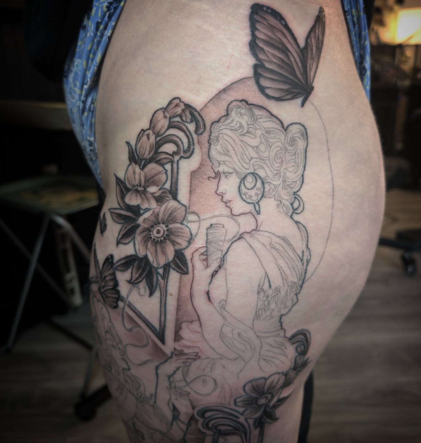 Fairy with flowers illustrative tattoo on the thigh by Ashton Allen-Ruiz, Portland, Oregon