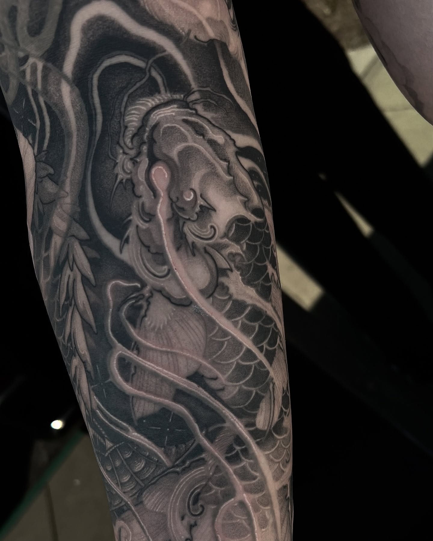 Dragon japanese irezumi tattoo on the forearm by Joshua Hung, Alhambra, California
