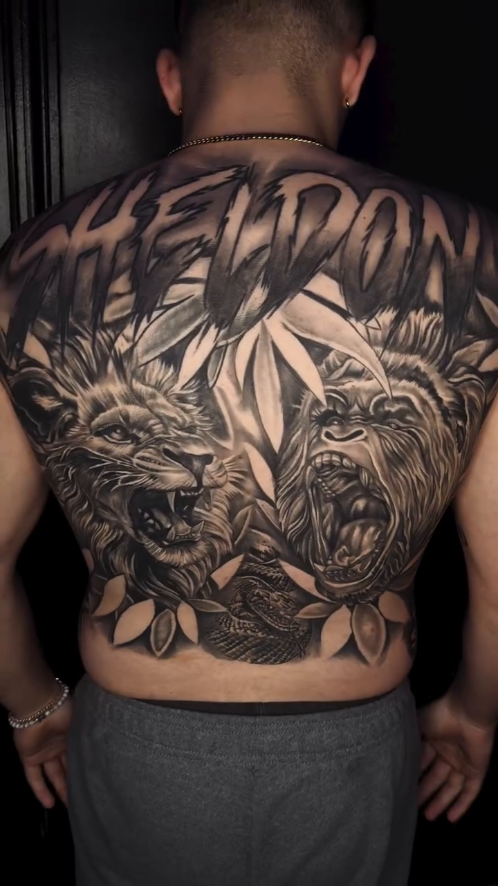 Wolf and bear with lettering realism tattoo by Paul burrows (Tatttoo Artist)