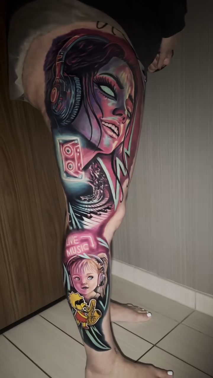 Woman with headphones and playing cards neo-traditional tattoo by Joseph Delaparra