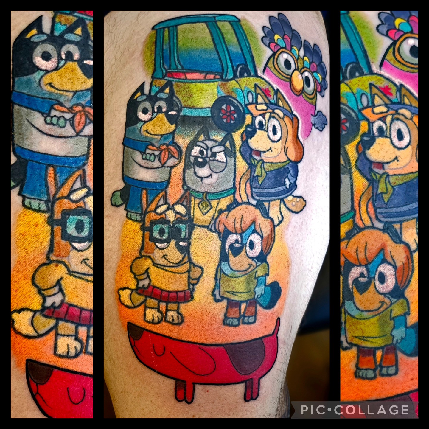 Bluey and friends new school tattoo on the thigh by Edward Argibay