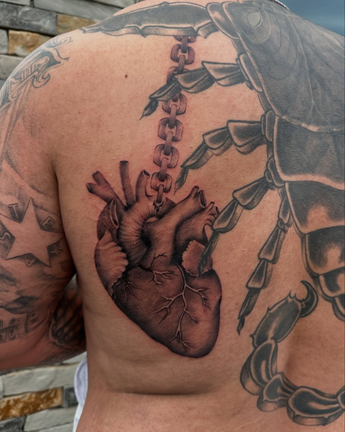 Heart and scorpion realism tattoo on the back by Dani B.