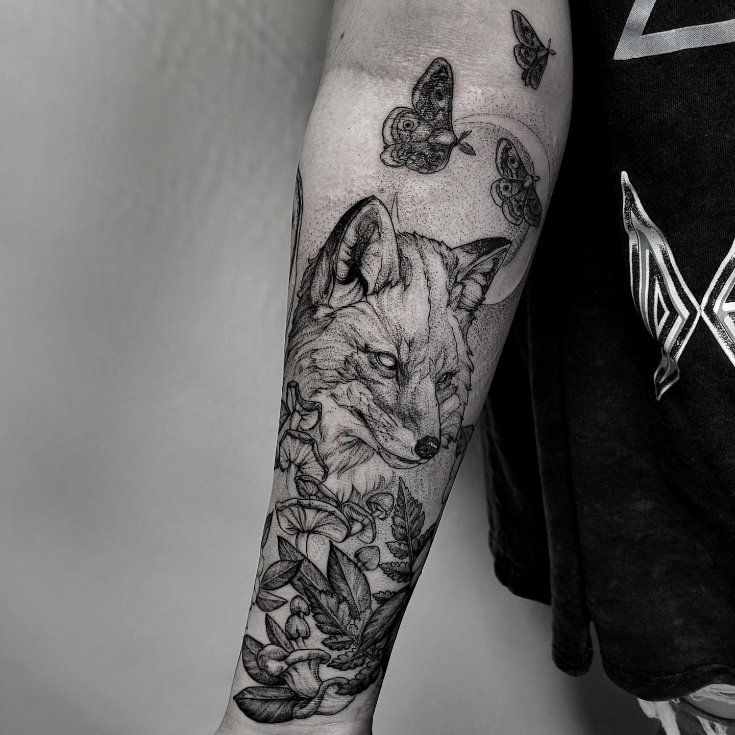 Wolf and butterflies dotwork tattoo on the forearm by Matthew Barnett