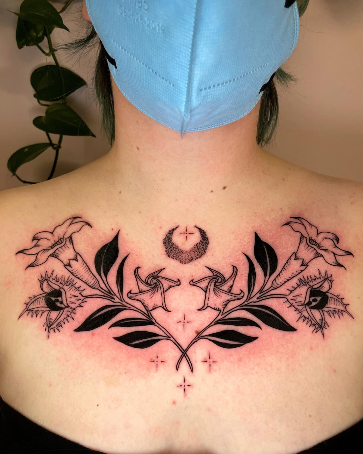 Flowers and moon black and grey tattoo on the chest by Michelle Pomerantz 🌼 Portland Tattoo Artist