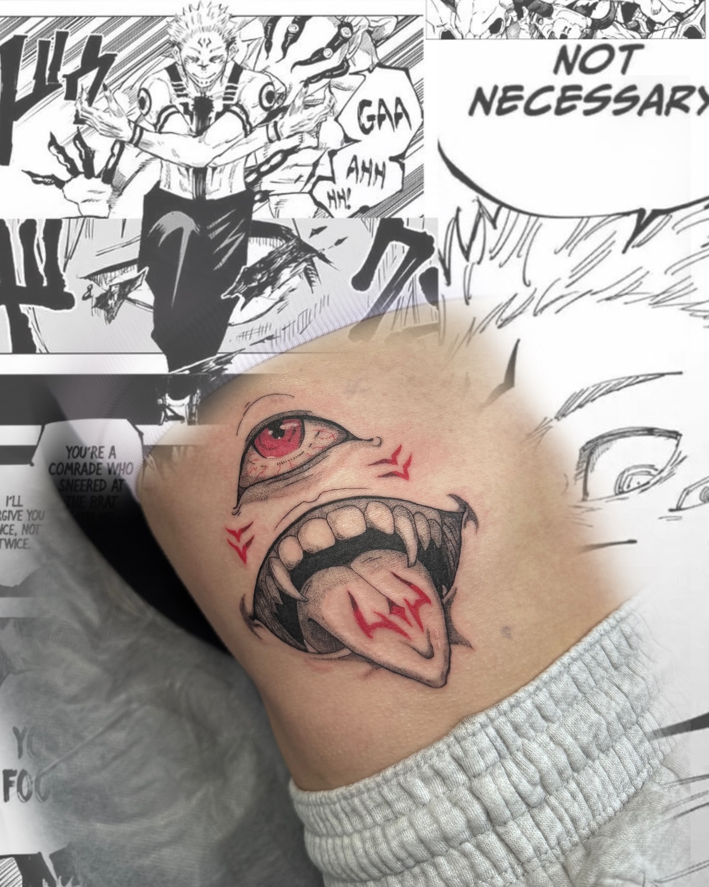 Angry face dark realism tattoo on the thigh by D