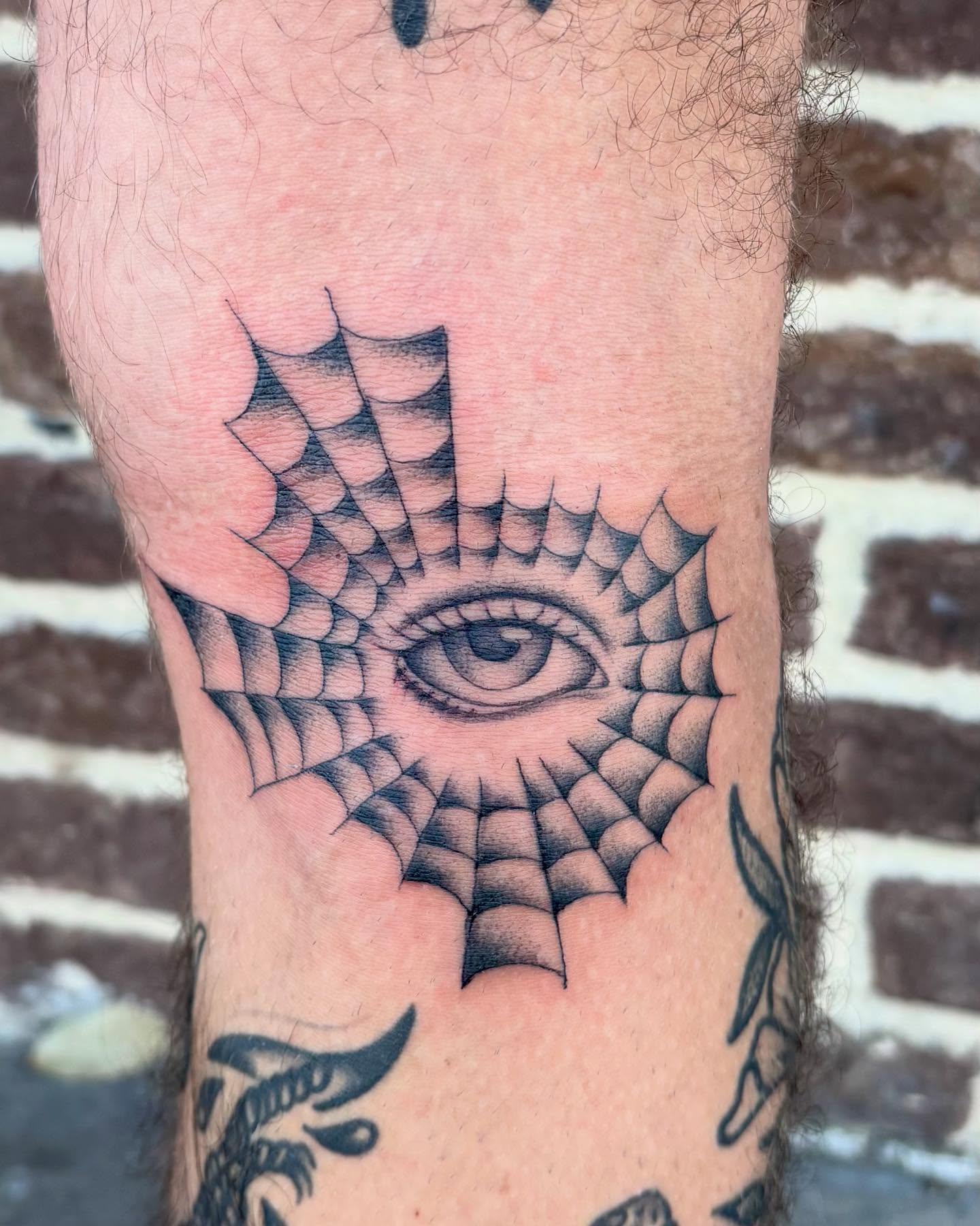 Eye within web dotwork tattoo on the forearm by ⟡ Sam O ⟡