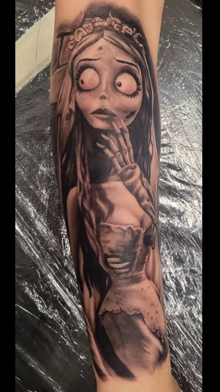 Corpse Bride character tattoo realism tattoo on the forearm by Marina Cobb